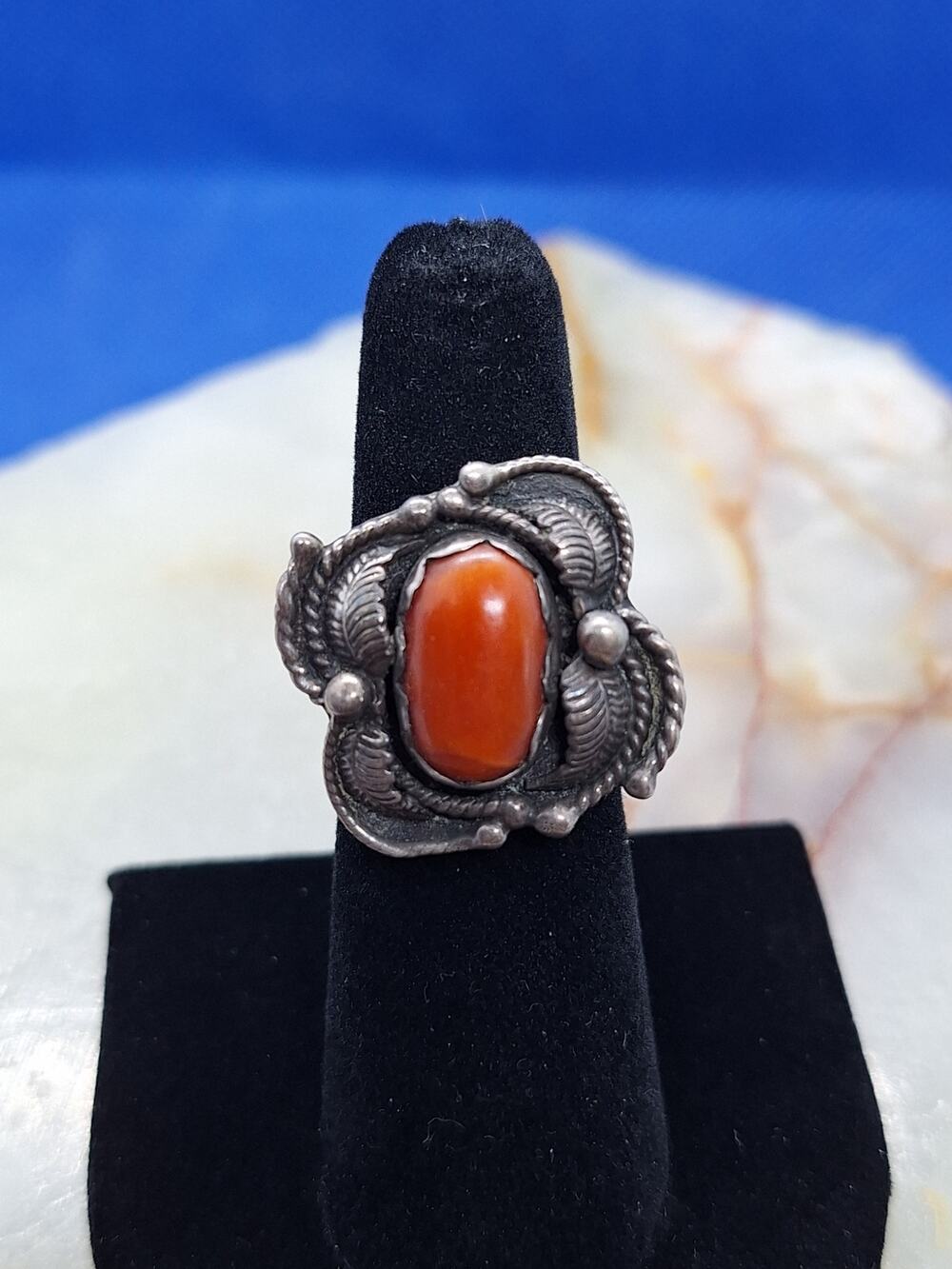 Les Baker Shop Navajo Sterling Silver Coral Ring B Hallmark Size 5.75 Vintage